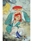Blue-green robes figure holding red object in front of vintage Japanese 2-panel screen with fictional characters.