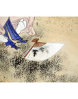 Blue and white painted feet artwork with folding fan next to vintage Japanese 2-panel screen with characters.