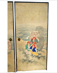 Gold and black vintage Japanese 2-panel screen with four robed figures, crane, jars, and wave or hill motifs in background.