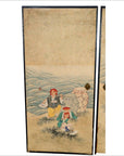 Vintage Japanese 2-panel screen, painted, showing fictional figures in traditional clothing by water with fishing rod and jar.