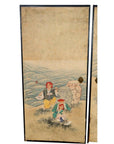 Vintage Japanese 2-panel screen, painted, showing fictional figures in traditional clothing by water with fishing rod and jar.
