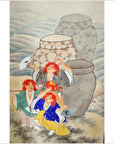 Red-haired figurines by stone jars in front of a vintage Japanese 2-panel screen with fictional characters, outdoor setting.