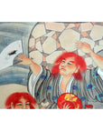 Patterned robe and fan near vintage Japanese two-panel screen with fictional characters, indoor setting.