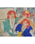Two figures in colorful Japanese robes with vintage painted 2-panel Japanese screen showing expressive fictional characters.