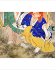 Blue and yellow figure on traditional Japanese artwork next to vintage 2-panel screen with fictional characters.