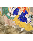 Blue and yellow figure on traditional Japanese artwork next to vintage 2-panel screen with fictional characters.