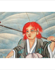 Red and gold Japanese 2-panel screen with painted character in red hair, traditional attire, holding a pipe.