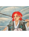 Red and gold Japanese 2-panel screen with painted character in red hair, traditional attire, holding a pipe.