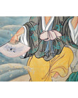 Person in colorful traditional clothing holding a feather bird fan in front of a vintage Japanese 2-panel screen indoors.