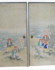 Gold and black Japanese 2-panel screen with painted fictional figures, water jars, bird, and wave motif in background.