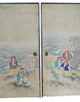 Gold and black Japanese 2-panel screen with painted fictional figures, water jars, bird, and wave motif in background.