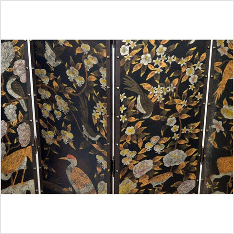 4-Panel Black Screen with Birds and Floral Designs and Rivets-YN2885-11. Asian & Chinese Furniture, Art, Antiques, Vintage Home Décor for sale at FEA Home