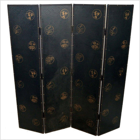 4-Panel Black Screen with Birds and Floral Designs and Rivets-YN2885-12. Asian & Chinese Furniture, Art, Antiques, Vintage Home Décor for sale at FEA Home