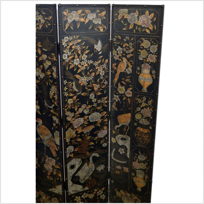4-Panel Black Screen with Birds and Floral Designs and Rivets-YN2885-2. Asian & Chinese Furniture, Art, Antiques, Vintage Home Décor for sale at FEA Home