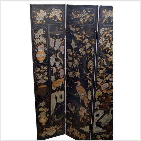 4-Panel Black Screen with Birds and Floral Designs and Rivets-YN2885-3. Asian & Chinese Furniture, Art, Antiques, Vintage Home Décor for sale at FEA Home