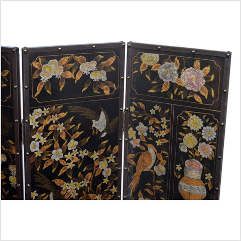 4-Panel Black Screen with Birds and Floral Designs and Rivets-YN2885-5. Asian & Chinese Furniture, Art, Antiques, Vintage Home Décor for sale at FEA Home
