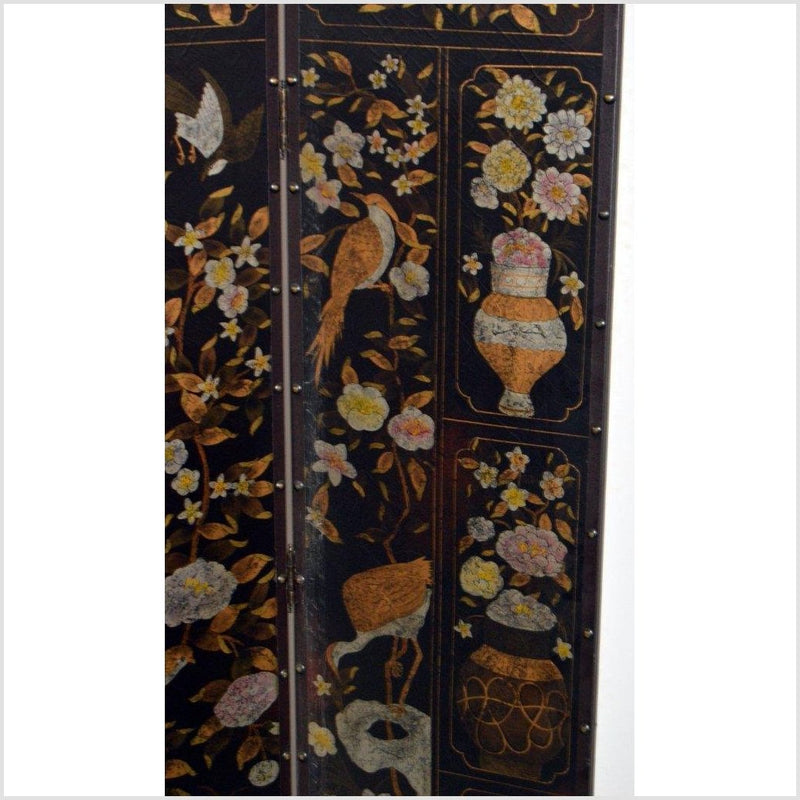 4-Panel Black Screen with Birds and Floral Designs and Rivets-YN2885-7. Asian & Chinese Furniture, Art, Antiques, Vintage Home Décor for sale at FEA Home