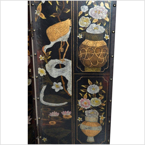 4-Panel Black Screen with Birds and Floral Designs and Rivets-YN2885-8. Asian & Chinese Furniture, Art, Antiques, Vintage Home Décor for sale at FEA Home
