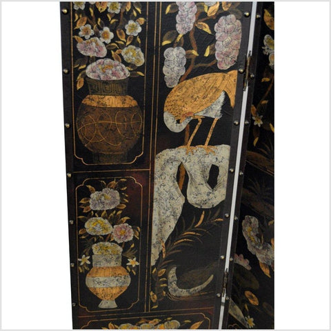 4-Panel Black Screen with Birds and Floral Designs and Rivets-YN2885-9. Asian & Chinese Furniture, Art, Antiques, Vintage Home Décor for sale at FEA Home