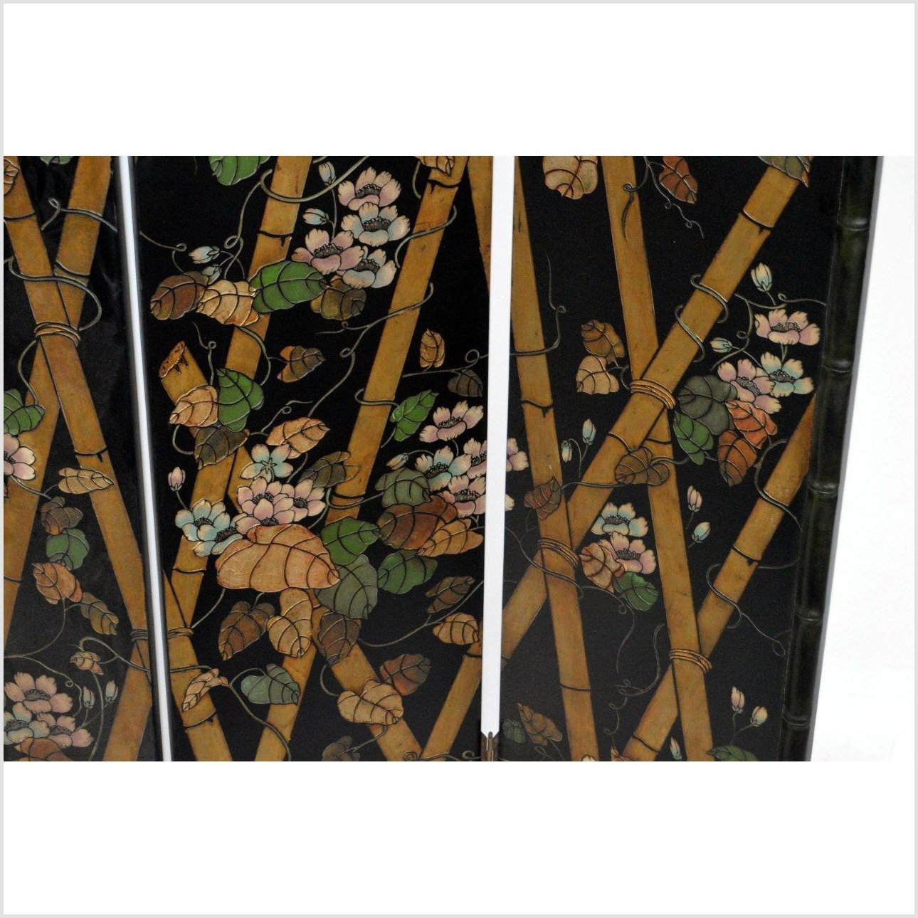4-Panel Black Screen with Bamboo Frame and Designed with Bamboo and Flowers-3. Asian & Chinese Furniture, Art, Antiques, Vintage Home Décor for sale at FEA Home