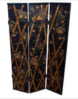 4-Panel Black Screen with Bamboo Frame and Designed with Bamboo and Flowers-1. Asian & Chinese Furniture, Art, Antiques, Vintage Home Décor for sale at FEA Home