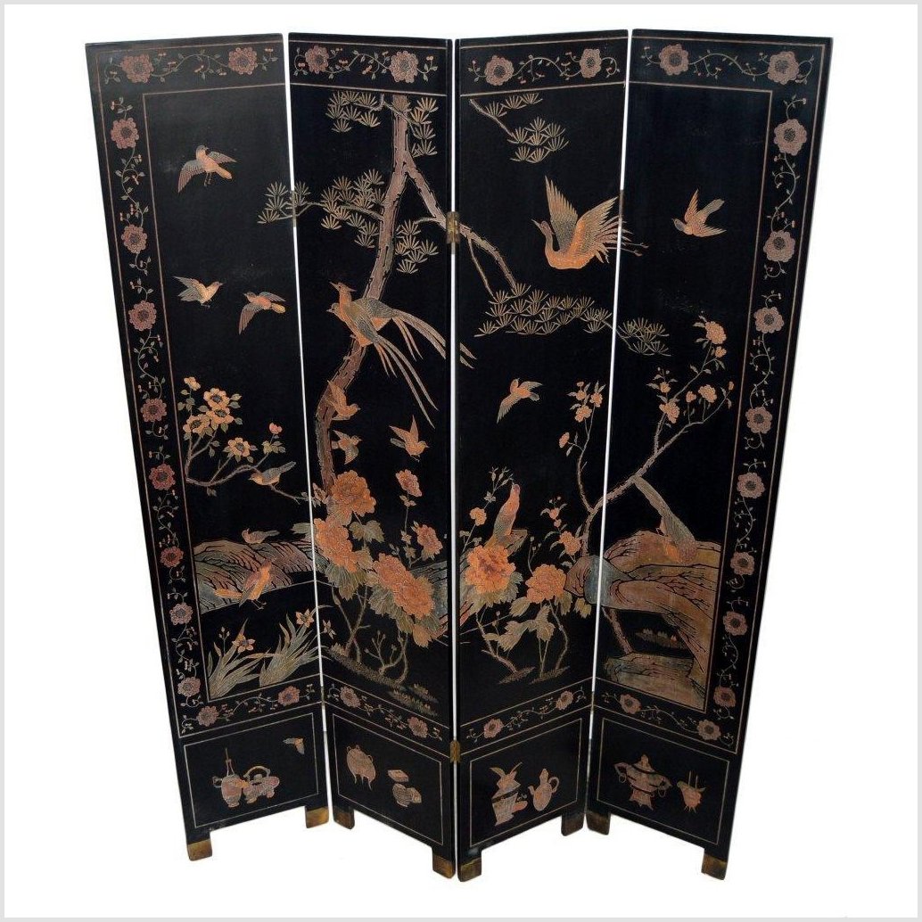 4-Panel Black Screen Designed with Trees, Birds and Flowers-YN2889-1. Asian & Chinese Furniture, Art, Antiques, Vintage Home Décor for sale at FEA Home