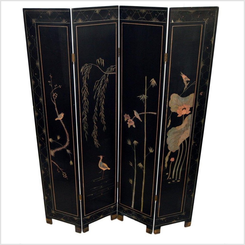 4-Panel Black Screen Designed with Trees, Birds and Flowers-YN2889-6. Asian & Chinese Furniture, Art, Antiques, Vintage Home Décor for sale at FEA Home