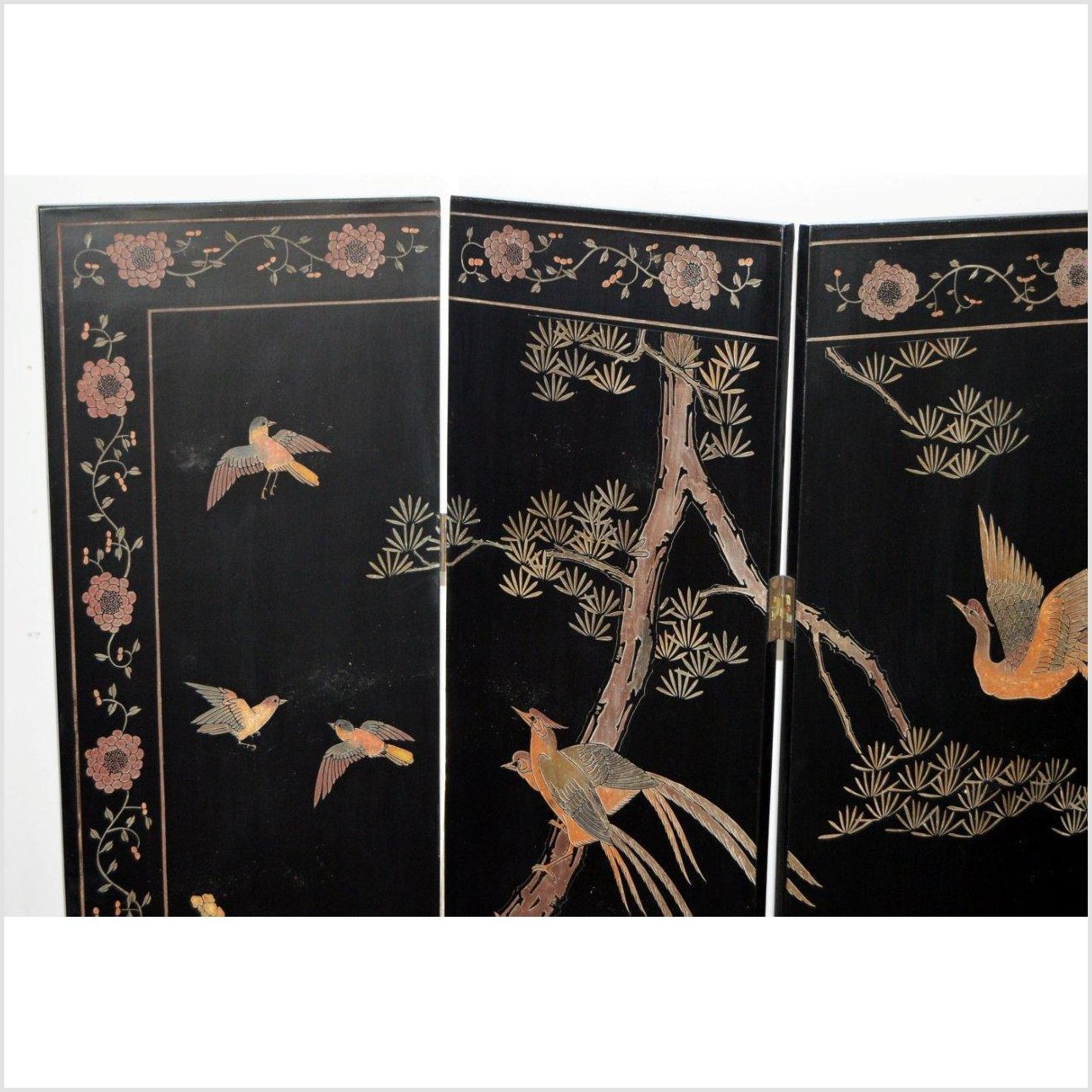 4-Panel Black Screen Designed with Trees, Birds and Flowers-YN2889-9. Asian & Chinese Furniture, Art, Antiques, Vintage Home Décor for sale at FEA Home