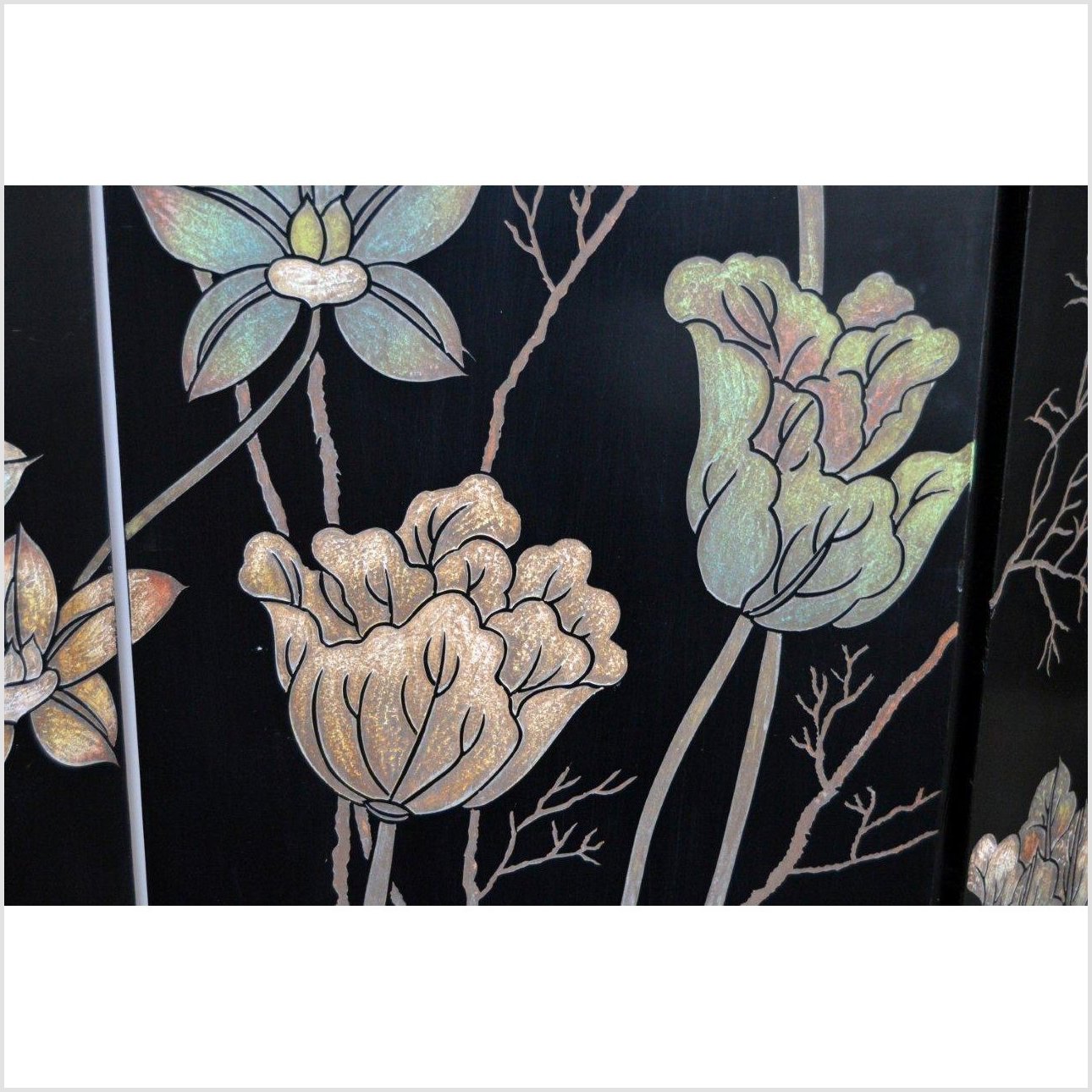 4-Panel Black Screen with Chinoiseries of Flowers-YN2892-11. Asian & Chinese Furniture, Art, Antiques, Vintage Home Décor for sale at FEA Home