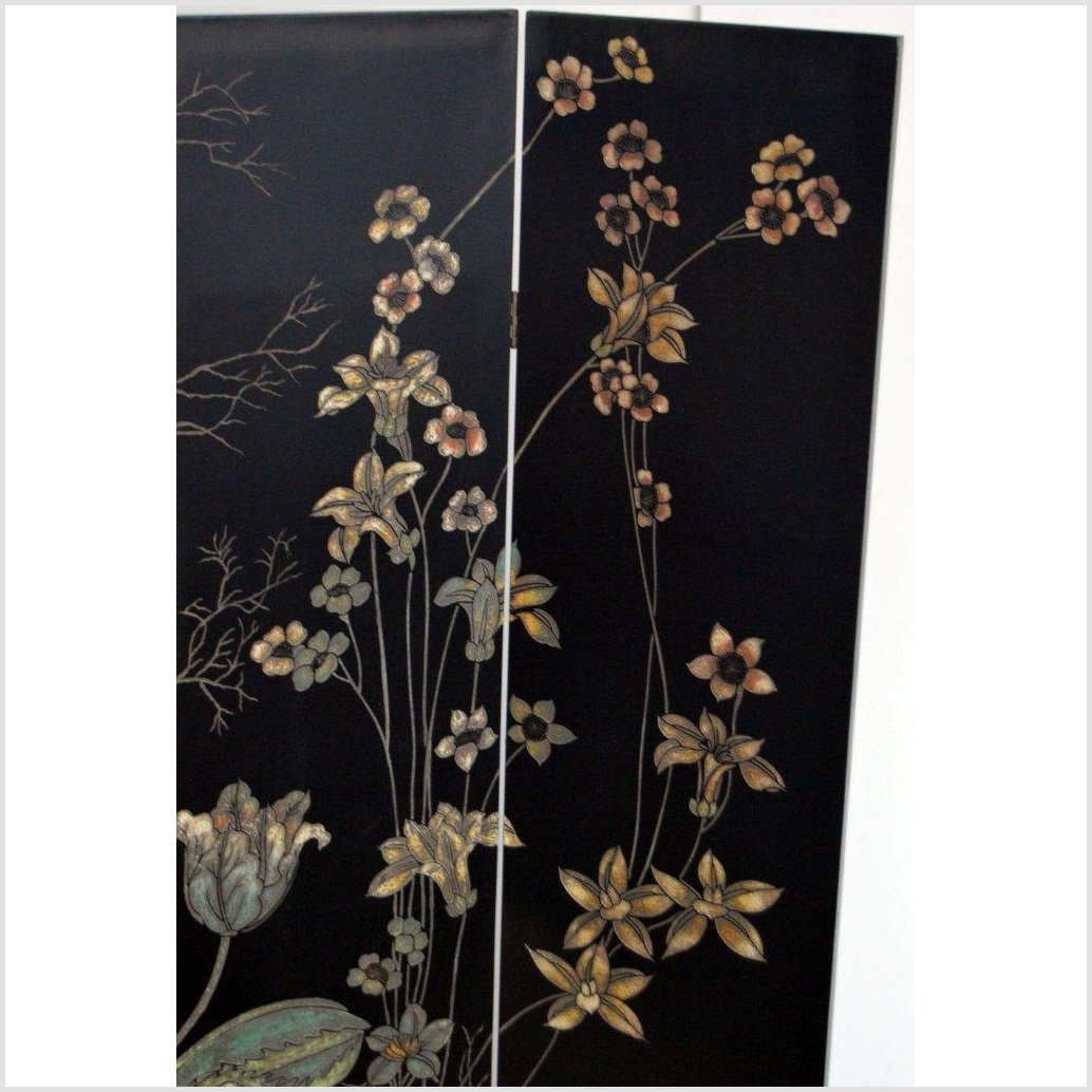 4-Panel Black Screen with Chinoiseries of Flowers-YN2892-2. Asian & Chinese Furniture, Art, Antiques, Vintage Home Décor for sale at FEA Home