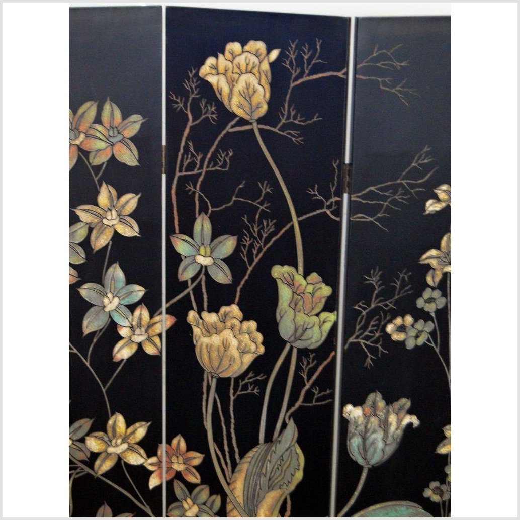 4-Panel Black Screen with Chinoiseries of Flowers-YN2892-3. Asian & Chinese Furniture, Art, Antiques, Vintage Home Décor for sale at FEA Home