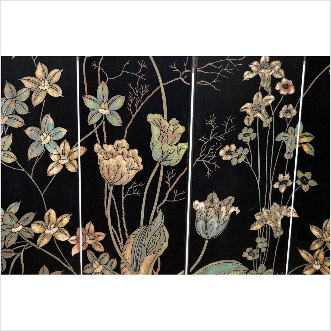 4-Panel Black Screen with Chinoiseries of Flowers-YN2892-6. Asian & Chinese Furniture, Art, Antiques, Vintage Home Décor for sale at FEA Home