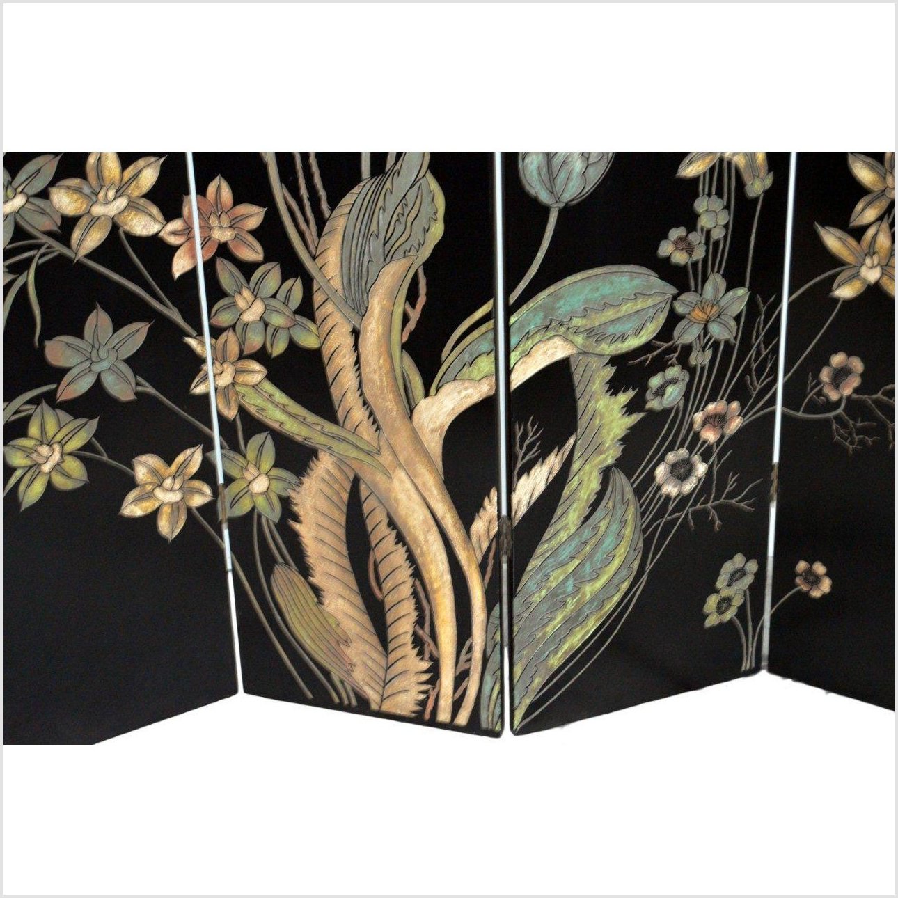 4-Panel Black Screen with Chinoiseries of Flowers-YN2892-9. Asian & Chinese Furniture, Art, Antiques, Vintage Home Décor for sale at FEA Home