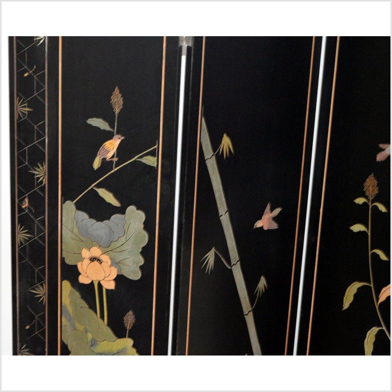 4-Panel Black Screen with Chinoiseries of Flowers, Trees and Birds-YN2893-10. Asian & Chinese Furniture, Art, Antiques, Vintage Home Décor for sale at FEA Home