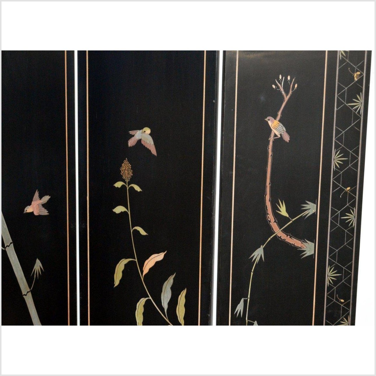 4-Panel Black Screen with Chinoiseries of Flowers, Trees and Birds-YN2893-11. Asian & Chinese Furniture, Art, Antiques, Vintage Home Décor for sale at FEA Home