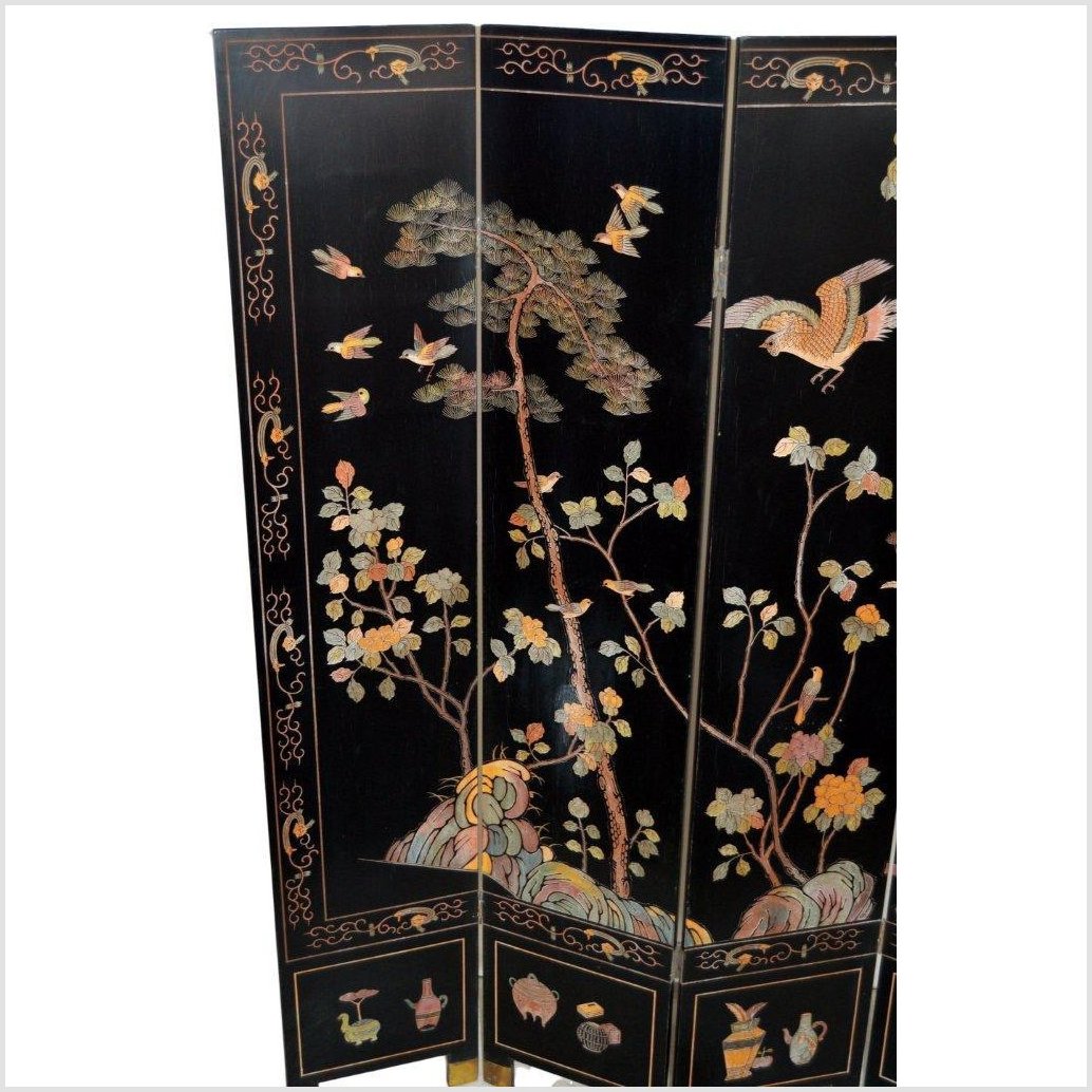 4-Panel Black Screen with Chinoiseries of Flowers, Trees and Birds-YN2893-3. Asian & Chinese Furniture, Art, Antiques, Vintage Home Décor for sale at FEA Home