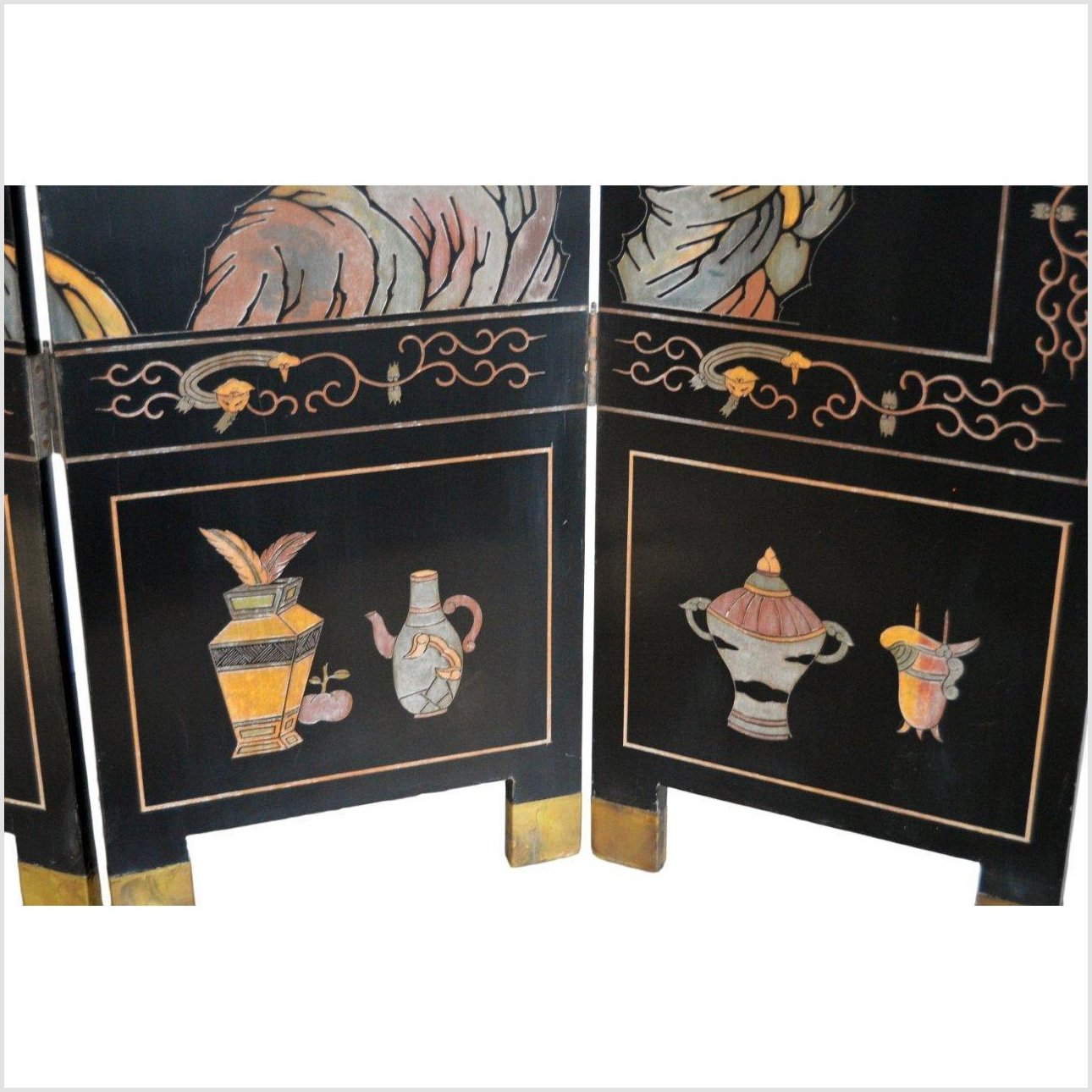 4-Panel Black Screen with Chinoiseries of Flowers, Trees and Birds-YN2893-7. Asian & Chinese Furniture, Art, Antiques, Vintage Home Décor for sale at FEA Home