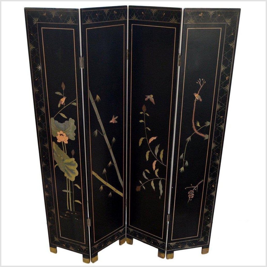 4-Panel Black Screen with Chinoiseries of Flowers, Trees and Birds-YN2893-9. Asian & Chinese Furniture, Art, Antiques, Vintage Home Décor for sale at FEA Home