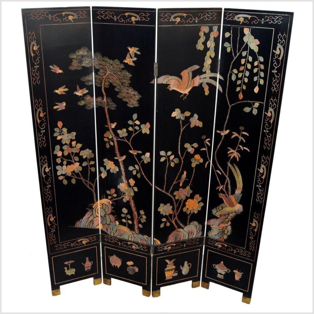 4-Panel Black Screen with Chinoiseries of Flowers, Trees and Birds-YN2893-1. Asian & Chinese Furniture, Art, Antiques, Vintage Home Décor for sale at FEA Home