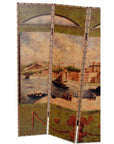 Vintage-tone 4-panel screen with painted Macau harbor scene, showing boats, colonial buildings, and distant hills.