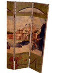 Painted wood 4-panel screen with mid-1800s Macau cityscape, featuring buildings and river scene.