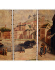 Colorful painting on canvas showing Macau riverside cityscape with boats and people, inspired by 1800s screen divider.