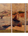 Black and gold wood 4-panel screen with vintage harbor scene of mid-1800s Macau, boats, people, and historic buildings.