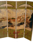 Multicolor painted wood 4-panel screen showing mid-1800s Macau harbor with boats, people, and waterfront buildings.