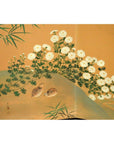 Multi-color painted wood 2-panel screen featuring flowers, birds, and bamboo leaves, used as a decorative room divider.
