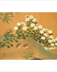 Multi-color painted wood 2-panel screen featuring flowers, birds, and bamboo leaves, used as a decorative room divider.