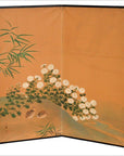 Gold painted 2-panel screen with flowers, birds, bamboo leaves, white chrysanthemums, and quails.