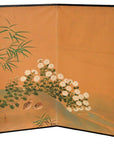 Gold painted 2-panel screen with flowers, birds, bamboo leaves, white chrysanthemums, and quails.