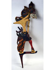 Colorful wooden Wayang Kulit Indonesian shadow puppets with intricate patterns, set of 3, close-up view.