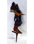 Colorful wooden Wayang Kulit puppets with distinct facial features, set of three, displayed together.